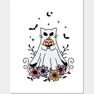 Halloween Floral Ghost Cat Posters and Art